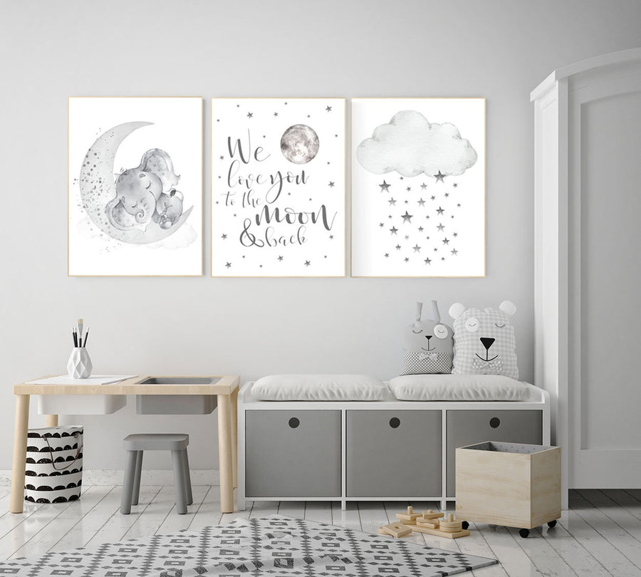 Nursery wall art grey, gray nursery, nursery decor neutral, elephant nursery, baby room decor gender neutral, moon and stars, nursery ideas