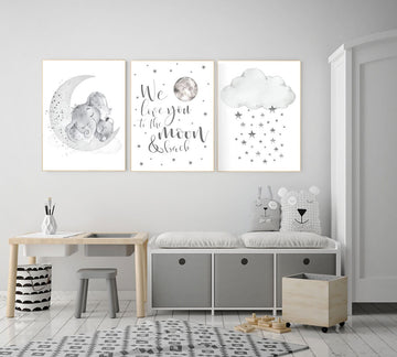 Nursery wall art grey, gray nursery, nursery decor neutral, elephant nursery, baby room decor gender neutral, moon and stars, nursery ideas