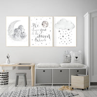 Nursery wall art grey, gray nursery, nursery decor neutral, elephant nursery, baby room decor gender neutral, moon and stars, nursery ideas