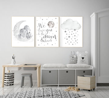 Nursery wall art grey, gray nursery, nursery decor neutral, elephant nursery, baby room decor gender neutral, moon and stars, nursery ideas