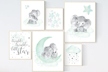 Nursery decor mint, mint green nursery, elephant nursery, twinkle twinkle little star, gender neutral nursery, animal prints, moon clouds