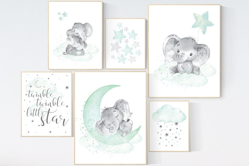 Nursery decor mint, mint green nursery, elephant nursery, twinkle twinkle little star, gender neutral nursery, animal prints, moon clouds