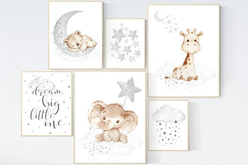 Nursery wall art animals, gray nursery, gender neutral nursery, neutral nursery, baby room decor, bear, elephant, giraffe, animal prints