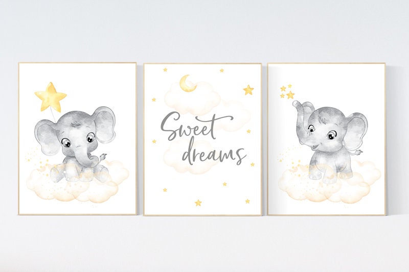 Nursery decor girl yellow, gender neutral, yellow nursery, nursery wall art elephant, moon, stars, yellow and gray nursery art, sweet dreams