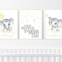 Nursery decor neutral, Yellow nursery, nursery wall art elephant, moon, stars, gender neutral, yellow and gray nursery art, baby room art