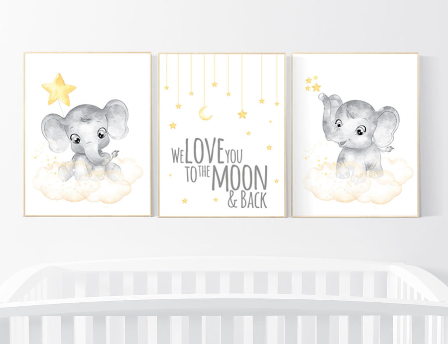 Nursery decor neutral, Yellow nursery, nursery wall art elephant, moon, stars, gender neutral, yellow and gray nursery art, baby room art