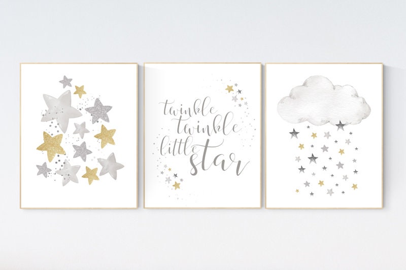 Nursery wall art gold, gold gray nursery, nursery decor neutral, moon and stars, baby room, gold silver nursery, twinkle twinkle little star