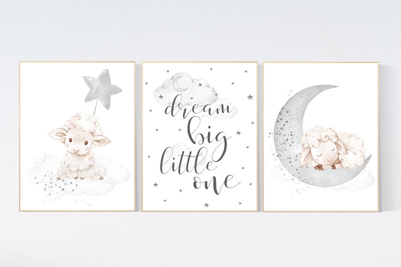 Sheep nursery decor, Gray nursery decor, nursery decor lambs, nursery wall art sheep, moon and cloud wall art nursery gender neutral nursery