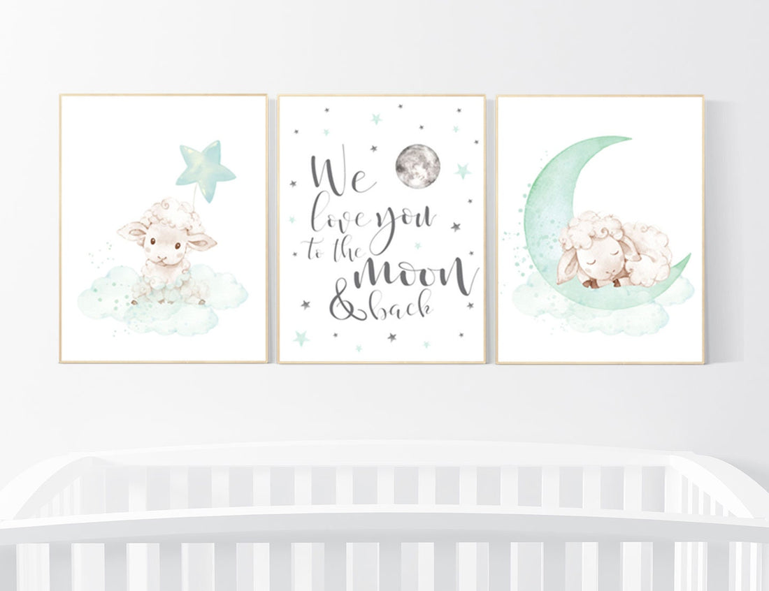 Mint nursery decor, nursery decor lambs, Sheep nursery decor, nursery wall art sheep, gender neutral nursery, cloud and star, mint green