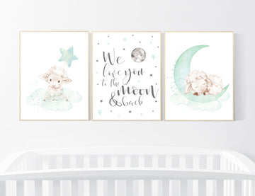 Mint nursery decor, nursery decor lambs, Sheep nursery decor, nursery wall art sheep, gender neutral nursery, cloud and star, mint green