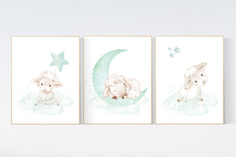 Mint nursery decor, nursery decor lambs, Sheep nursery decor, nursery wall art sheep, gender neutral nursery, cloud and star, mint green