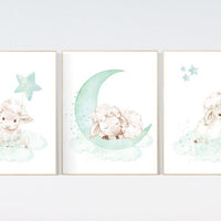 Mint nursery decor, nursery decor lambs, Sheep nursery decor, nursery wall art sheep, gender neutral nursery, cloud and star, mint green