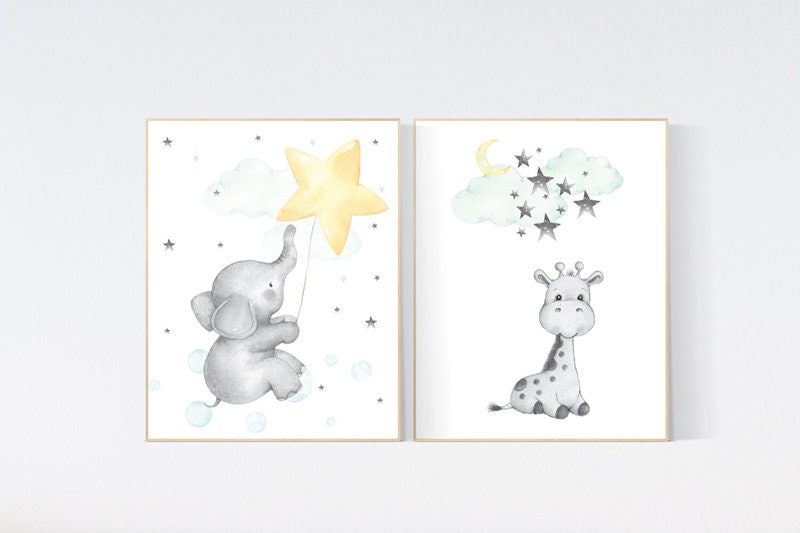 Elephant nursery art, giraffe nursery, mint yellow nursery, neutral nursery prints, cloud nursery, star nursery decor, gender neutral