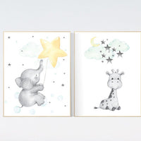 Elephant nursery art, giraffe nursery, mint yellow nursery, neutral nursery prints, cloud nursery, star nursery decor, gender neutral