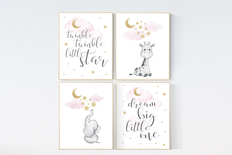 Nursery decor girl elephant, giraffe, pink and gold nursery, twinkle twinkle little one, pink nursery art, cloud and stars, baby room art