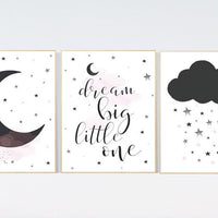 Nursery wall art black and pink, black white nursery, nursery decor neutral, baby room decor gender neutral cloud and stars