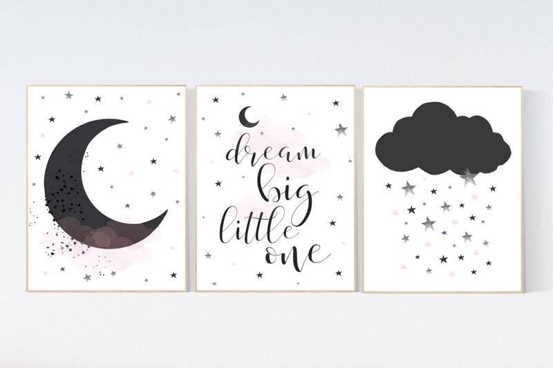 Nursery wall art black and pink, black white nursery, nursery decor neutral, baby room decor gender neutral cloud and stars