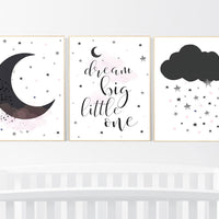 Nursery wall art black and pink, black white nursery, nursery decor neutral, baby room decor gender neutral cloud and stars