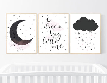 Nursery wall art black and pink, black white nursery, nursery decor neutral, baby room decor gender neutral cloud and stars