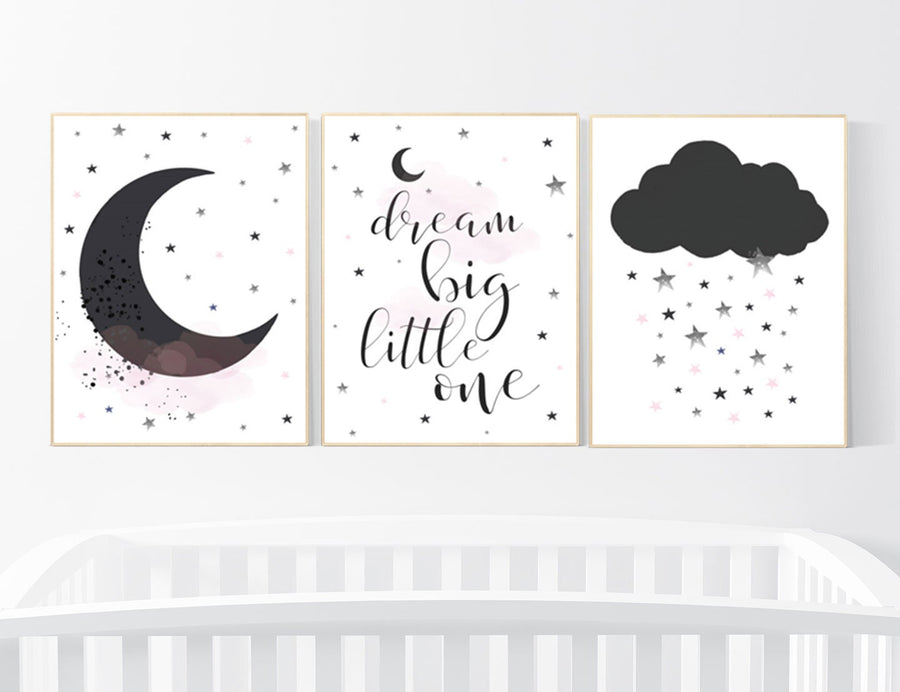 Nursery wall art black and pink, black white nursery, nursery decor neutral, baby room decor gender neutral cloud and stars