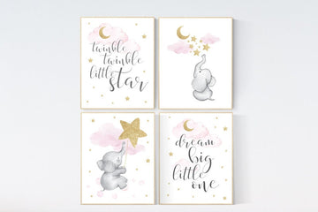 Nursery decor girl elephant, giraffe, pink and gold nursery, twinkle twinkle little one, pink nursery art, cloud and stars, baby room art