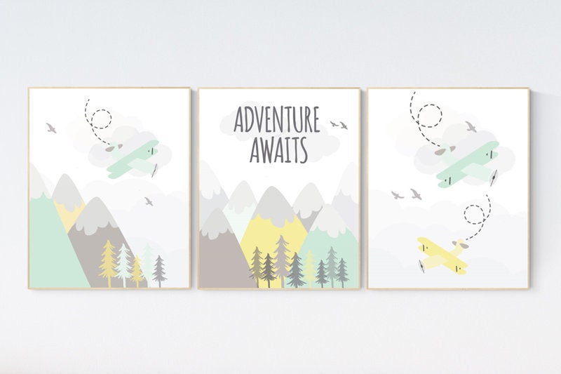 Adventure nursery decor, nursery decor airplane, world map nursery, adventure awaits, yellow mint nursery, travel theme, gender neutral