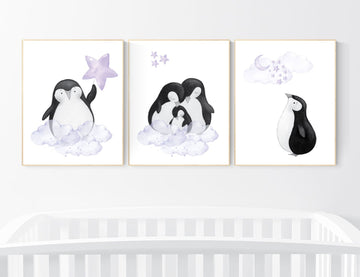 Penguin nursery, cloud and stars, purple nursery art. baby room wall art, nursery wall art penguin, lilac, lavender, nursery wall art