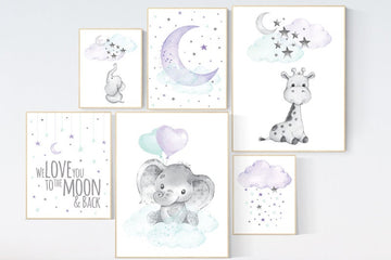 Elephant, giraffe, nurser decor girl, Purple mint nursery wall art, Nursery decor girl purple, lilac nursery print, lavender, lilac mint