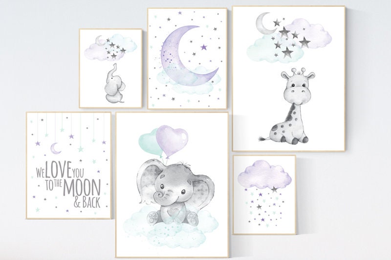 Elephant, giraffe, nurser decor girl, Purple mint nursery wall art, Nursery decor girl purple, lilac nursery print, lavender, lilac mint