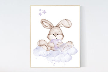 Bunny nursery wall art, Purple nursery decor, Nursery decor girl flower bunny, lilac, lavender, bunny print nursery girl, rabbit print