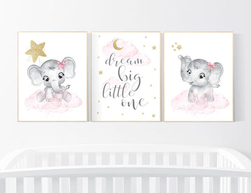 Elephant nursery art, elephant nursery print, pink and gold, Nursery wall art girl elephant, dream big little one, nursery decor girl