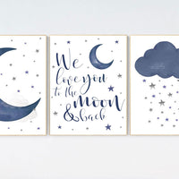 Nursery wall art boy, Nursery decor boy navy blue,  navy nursery decor, moon and stars, we love you to the moon and back, nursery prints boy