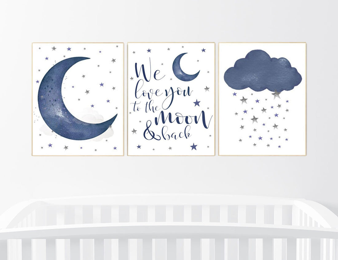 Nursery wall art boy, Nursery decor boy navy blue,  navy nursery decor, moon and stars, we love you to the moon and back, nursery prints boy