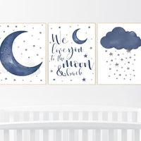 Nursery wall art boy, Nursery decor boy navy blue,  navy nursery decor, moon and stars, we love you to the moon and back, nursery prints boy