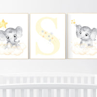 Nursery decor neutral, Yellow nursery, nursery wall art elephant, moon, stars, gender neutral, yellow and gray nursery art, baby room art