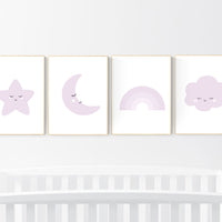 Nursery prints rainbow, Nursery decor girl purple, lilac nursery, nursery wall art girl, moon star, cloud, rainbow nursery, lavender, lilac