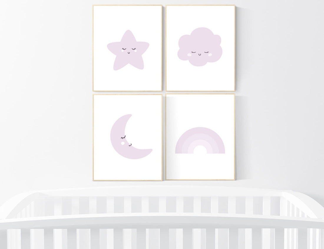 Nursery prints rainbow, Nursery decor girl purple, lilac nursery, nursery wall art girl, moon star, cloud, rainbow nursery, lavender, lilac