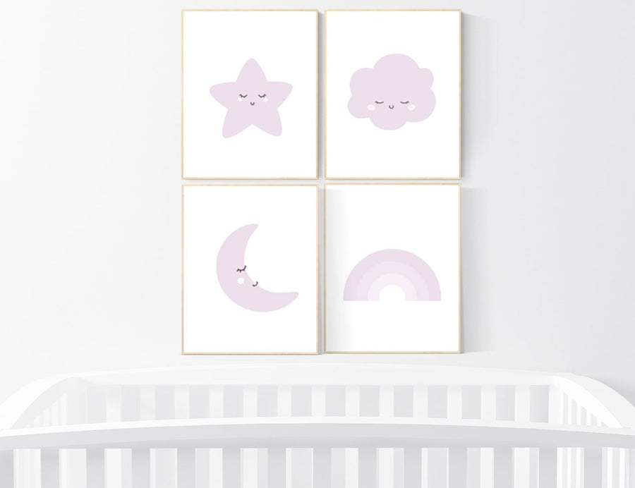 Nursery prints rainbow, Nursery decor girl purple, lilac nursery, nursery wall art girl, moon star, cloud, rainbow nursery, lavender, lilac