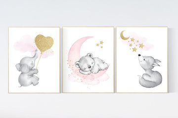 Nursery wall art girl, baby room decor girl gold and pink, elephant, bear, fox, nursery, baby girl room decor, woodland animals, forest