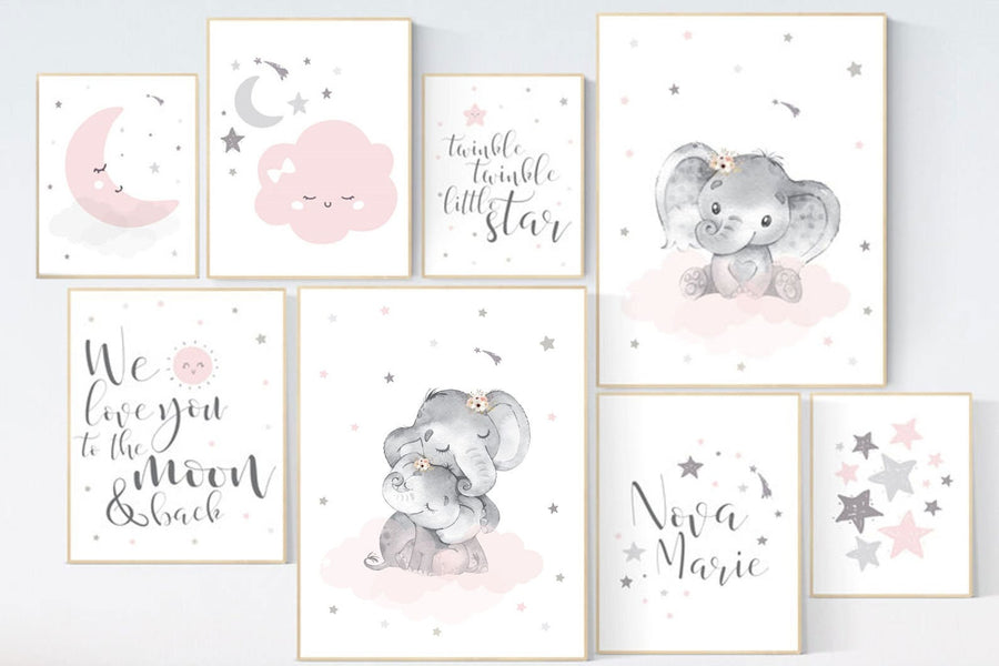 Nursery wall art girl moon and stars, nursery decor girl pink, we love you to the moon and back, moon and stars, baby room decor girl