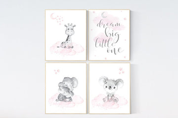 Nursery decor girl, elephant, giraffe, koala, animal nursery, animal prints for girls room, moon, star, pink gray, woodland animals