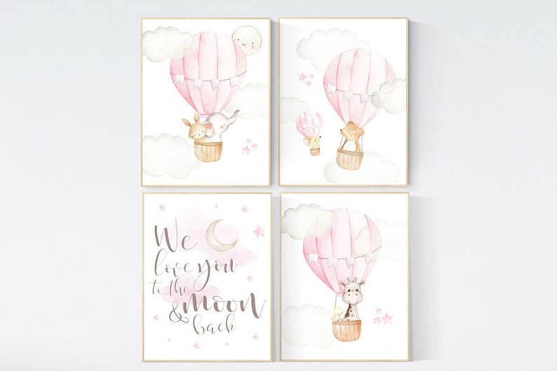 Baby girl nursery, we love you to the moon and back, woodland nursery, hot air balloon, animal, baby room decor girl, giraffe , bear, bunny