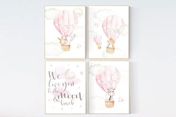 Baby girl nursery, we love you to the moon and back, woodland nursery, hot air balloon, animal, baby room decor girl, giraffe , bear, bunny