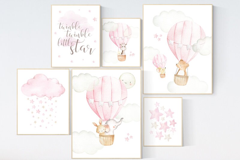 Nursery decor girl woodland, hot air balloon nursery animal, girl nursery wall decor, animal prints for nursery, nursery set for girls