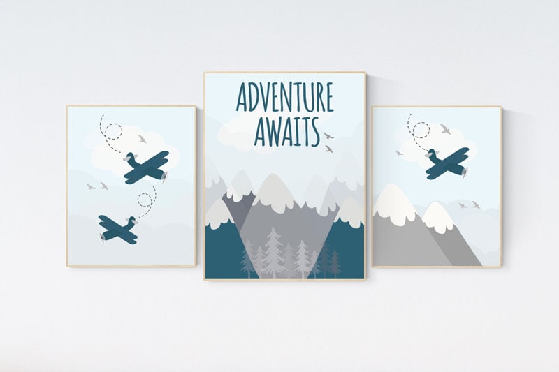 Adventure nursery decor, nursery decor boy adventure, nursery decor boy airplane, world map nursery, adventure awaits, mountain nursery