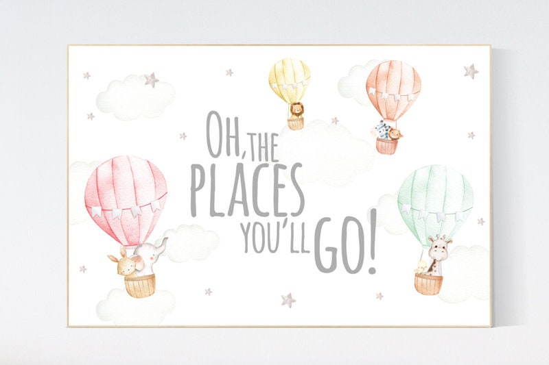 Hot air balloon nursery, gender neutral, safari animals, animal prints for nursery, twin nursery, unisex, oh the places you&