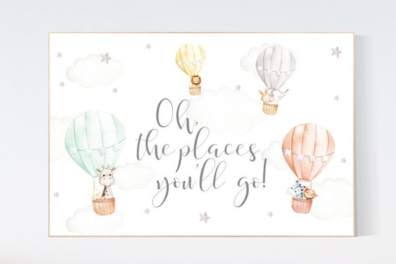 Hot air balloon nursery, gender neutral, safari animals, animal prints for nursery, twin nursery, unisex, oh the places you&