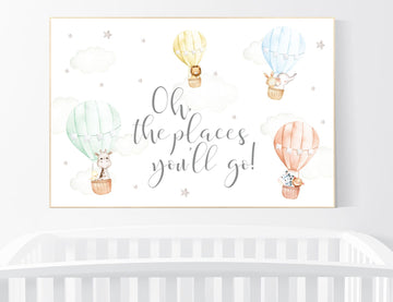 Hot air balloon nursery, gender neutral, safari animals, animal prints for nursery, twin nursery, unisex, oh the places you'll go, woodland
