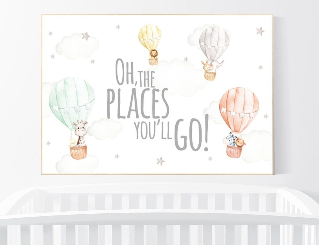 Hot air balloon nursery, gender neutral, safari animals, animal prints for nursery, twin nursery, unisex, travel themed nursery