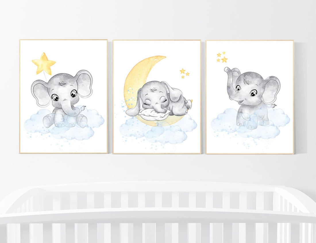 Nursery decor gender neutral, nursery wall art elephant, elephant nursery, blue and yellow, moon, cloud, stars, baby room decor, neutral